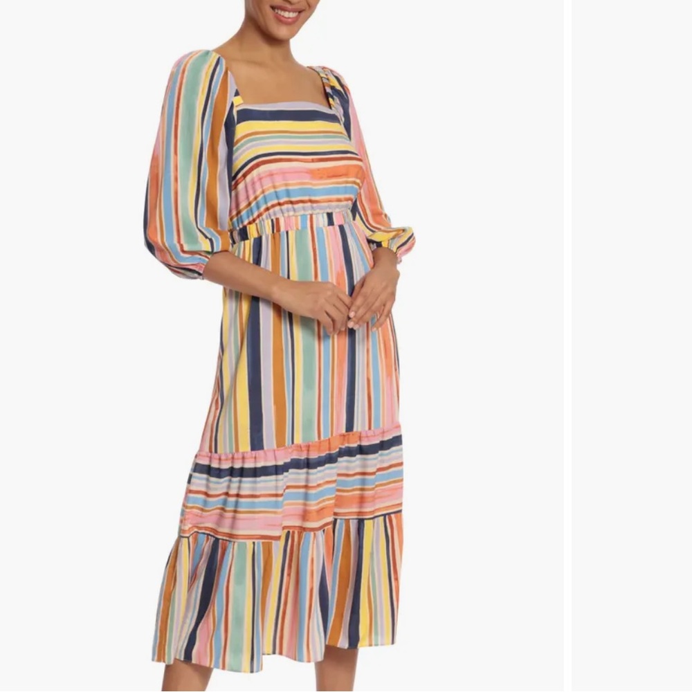 Donna Morgan Multicolor Striped Midi Dress - Pink, Blue, Yellow, Orange